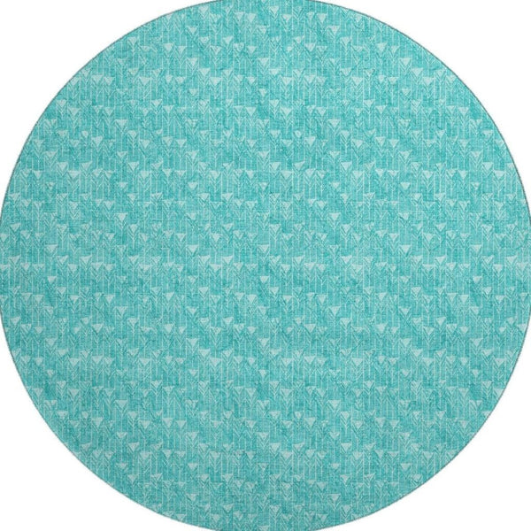 HomeRoots 8' Teal and Ivory Geometric Round Rug - Washable, UV-Protected, Ideal for Indoor and Outdoor Spaces 647119