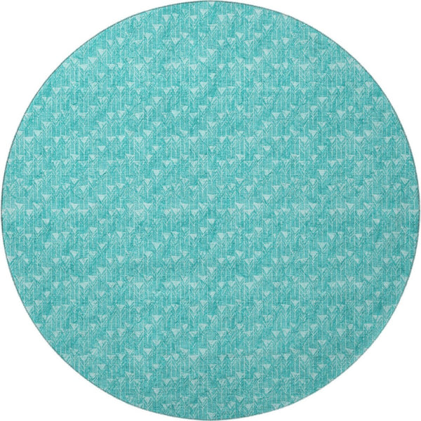 HomeRoots 8' Teal and Ivory Geometric Round Rug - Washable, UV-Protected, Ideal for Indoor and Outdoor Spaces 647119