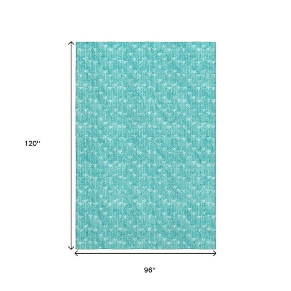 HomeRoots 8' X 10' Stylish Teal & Ivory Geometric Area Rug - Washable, UV Protected, Perfect for High-Traffic Areas 647120