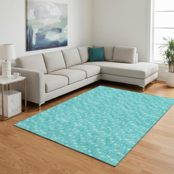 HomeRoots 9' X 12' Teal & Ivory Geometric Washable Area Rug - Durable, Stylish, UV Protected for High-Traffic Areas 647121
