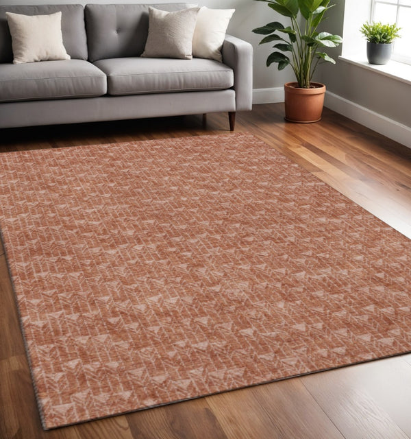 HomeRoots 5' X 8' Terra Cotta & Ivory Geometric Area Rug – Washable, UV-Protected, Stain-Resistant Design 647124