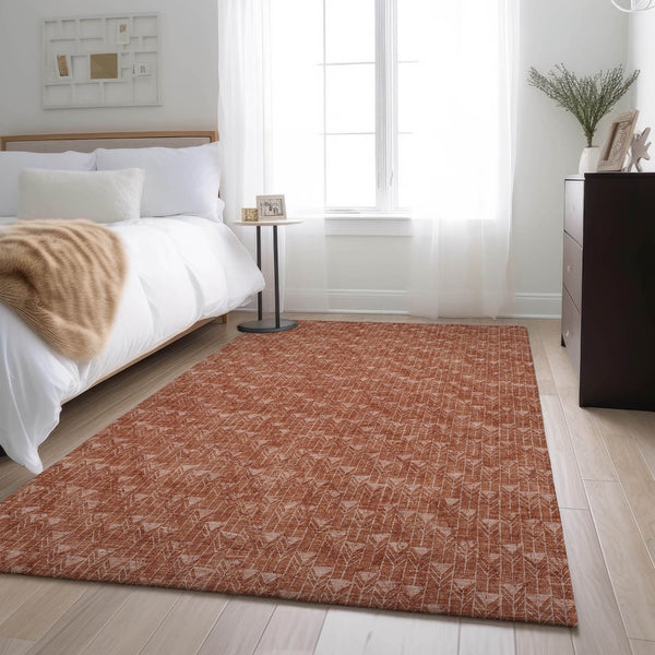 HomeRoots 5' X 8' Terra Cotta & Ivory Geometric Area Rug – Washable, UV-Protected, Stain-Resistant Design 647124