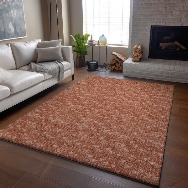 HomeRoots 5' X 8' Terra Cotta & Ivory Geometric Area Rug – Washable, UV-Protected, Stain-Resistant Design 647124