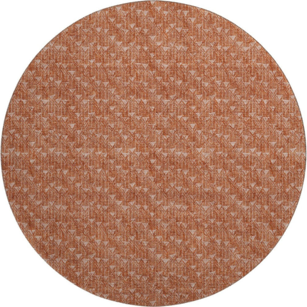 HomeRoots 8' Terra Cotta and Ivory Geometric Round Rug - Washable, UV Protected, Perfect for Family Living Spaces! 647125