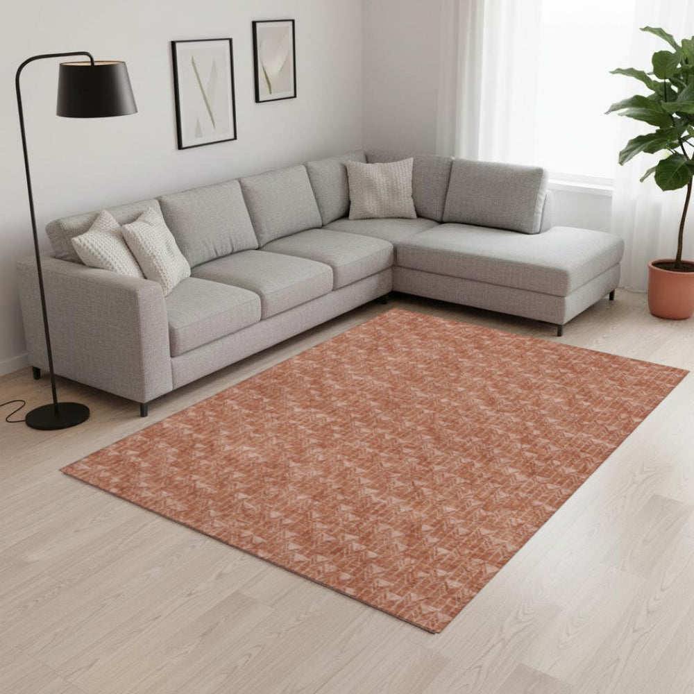 HomeRoots 10' X 14' Terra Cotta & Ivory Geometric Washable Area Rug - Stylish, Durable, and UV Protected! 647128