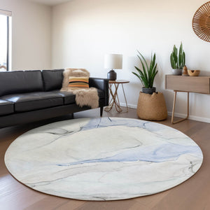 HomeRoots 8' Blue and Ivory Abstract Round Rug - Washable, UV Protected, Soft, Durable for Homes with Kids & Pets 647131