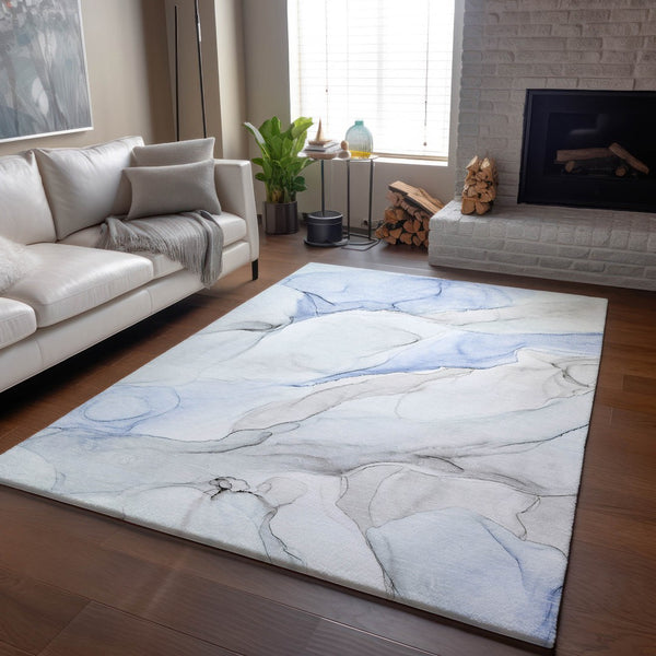 HomeRoots 9' X 12' Stylish Blue and Ivory Abstract Washable Area Rug with UV Protection for High-Traffic Areas 647133