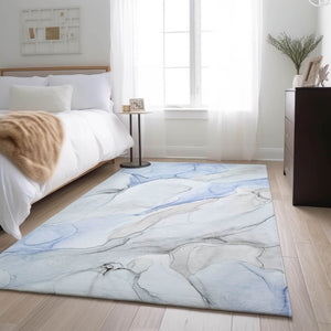HomeRoots 10' X 14' Blue And Ivory Abstract Washable Area Rug - UV Resistant, Stylish & Easy to Clean for Homes 647134