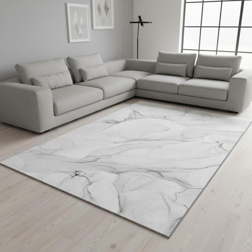HomeRoots 9' X 12' Gray and Ivory Abstract Area Rug – Washable, UV-Resistant, Stain-Proof, Durable Design 647139