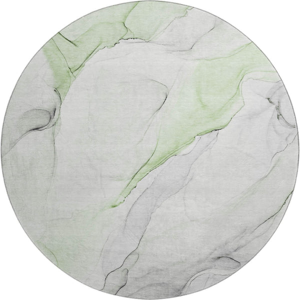 HomeRoots 8' Washable Round Rug in Green & Ivory - Durable, UV-Protected Abstract Design for Modern Spaces 647143