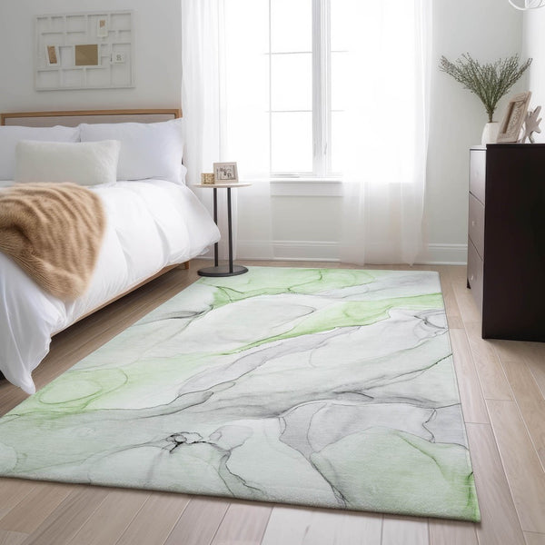 HomeRoots 8' X 10' Green And Ivory Abstract Washable Area Rug - Durable, UV-Protected, Stylish for High-Traffic Spaces 647144