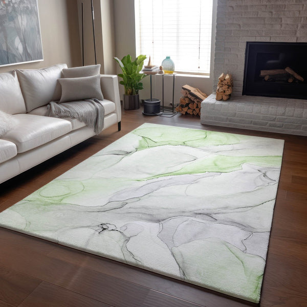 HomeRoots 8' X 10' Green And Ivory Abstract Washable Area Rug - Durable, UV-Protected, Stylish for High-Traffic Spaces 647144