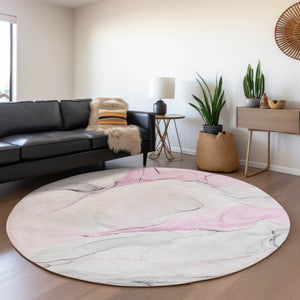HomeRoots 8' Pink And Ivory Abstract Round Rug - Washable, UV Protected, Stain Resistant for Stylish Living Spaces 647149