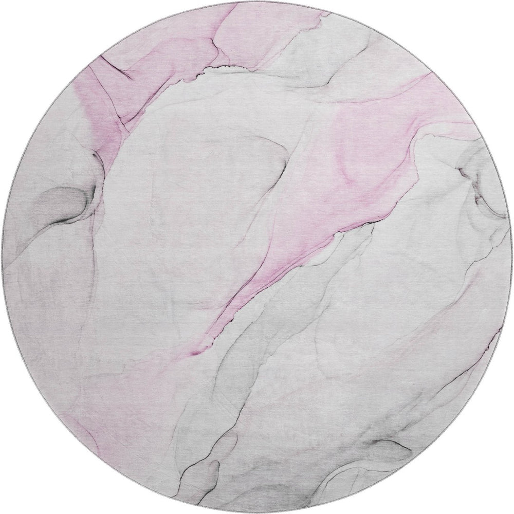 HomeRoots 8' Pink And Ivory Abstract Round Rug - Washable, UV Protected, Stain Resistant for Stylish Living Spaces 647149