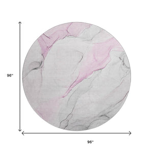 HomeRoots 8' Pink And Ivory Abstract Round Rug - Washable, UV Protected, Stain Resistant for Stylish Living Spaces 647149