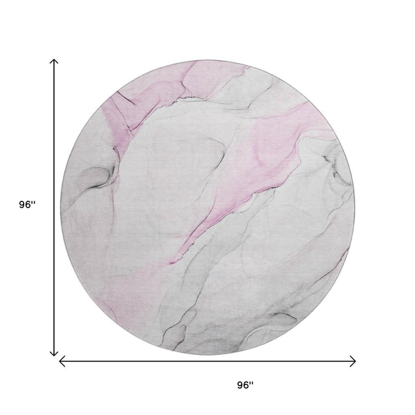 HomeRoots 8' Pink And Ivory Abstract Round Rug - Washable, UV Protected, Stain Resistant for Stylish Living Spaces 647149