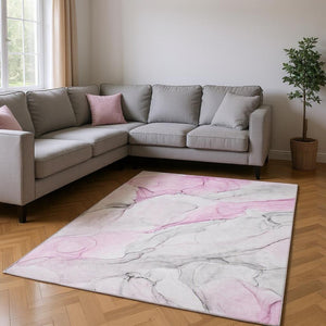 HomeRoots 10' X 14' Pink and Ivory Abstract Area Rug - Washable, UV-Protected, Soft & Stylish for Every Home 647152