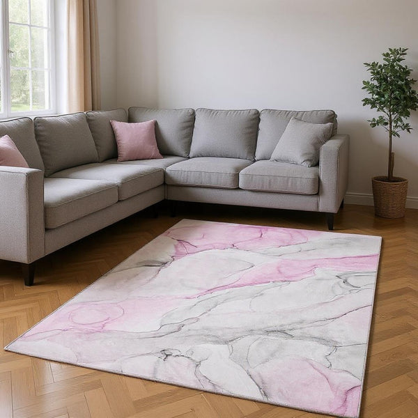 HomeRoots 10' X 14' Pink and Ivory Abstract Area Rug - Washable, UV-Protected, Soft & Stylish for Every Home 647152