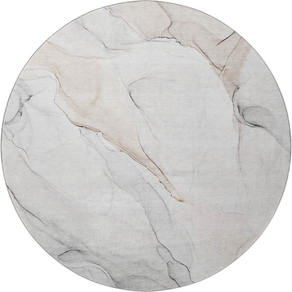 HomeRoots 8' Ivory and Beige Abstract Round Rug - Washable, UV-Protected, Stain-Resistant, Modern Elegance 647155