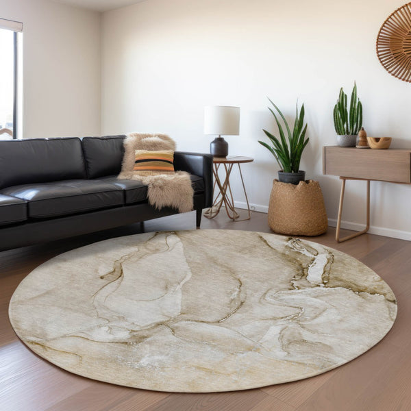 HomeRoots 8' Brown and Ivory Abstract Washable Round Rug - Durable, Stain-Resistant with UV Protection for Homes 647161