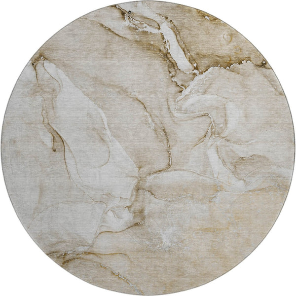 HomeRoots 8' Brown and Ivory Abstract Washable Round Rug - Durable, Stain-Resistant with UV Protection for Homes 647161