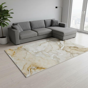 HomeRoots 8' X 10' Brown and Ivory Abstract Area Rug - Washable, UV-Protected, Stain-Resistant, Family-Friendly! 647162