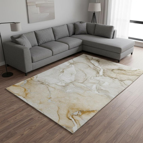 HomeRoots 10' X 14' Brown And Ivory Abstract Washable Area Rug with UV Protection for Modern Homes & Style 647164