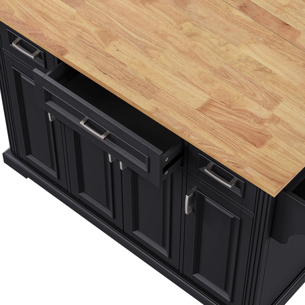 English Elm K&K 54" Farmhouse Kitchen Island with Embossed Texture, Drop Leaf, Soft-Close Drawers & Wheels Black N707P195395B