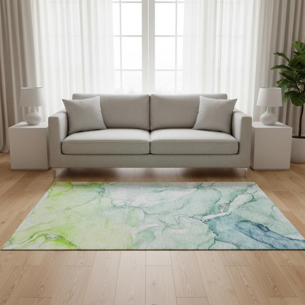 HomeRoots 5' X 8' Abstract Area Rug in Green, Blue & Ivory – Washable, UV-Protected, Durable & Stylish Design 647172