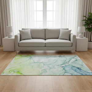 HomeRoots 5' X 8' Abstract Area Rug in Green, Blue & Ivory – Washable, UV-Protected, Durable & Stylish Design 647172