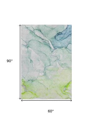 HomeRoots 5' X 8' Abstract Area Rug in Green, Blue & Ivory – Washable, UV-Protected, Durable & Stylish Design 647172