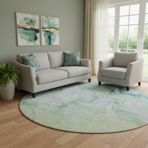 HomeRoots 8' Washable Round Rug in Green, Blue & Ivory - Stylish, Durable, UV-Protected for High-Traffic Areas 647173