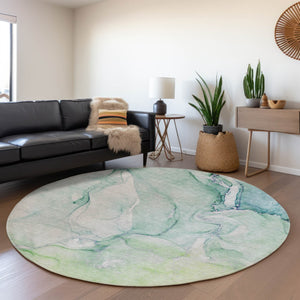 HomeRoots 8' Washable Round Rug in Green, Blue & Ivory - Stylish, Durable, UV-Protected for High-Traffic Areas 647173