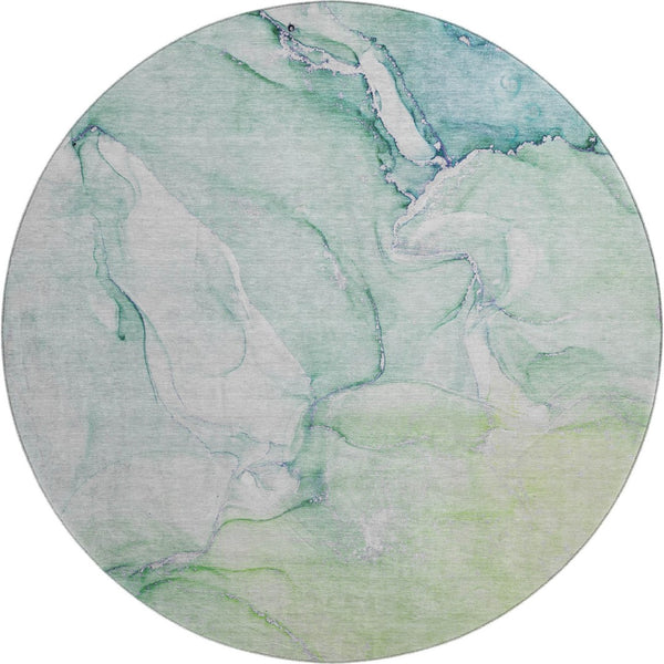 HomeRoots 8' Washable Round Rug in Green, Blue & Ivory - Stylish, Durable, UV-Protected for High-Traffic Areas 647173