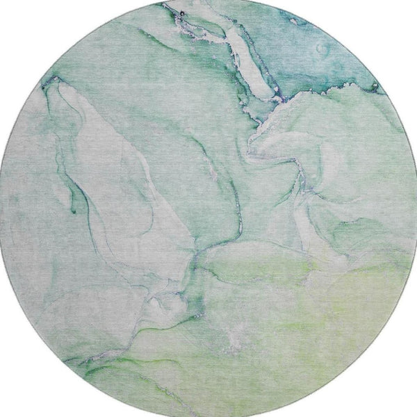 HomeRoots 8' Washable Round Rug in Green, Blue & Ivory - Stylish, Durable, UV-Protected for High-Traffic Areas 647173