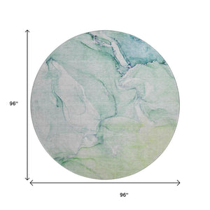 HomeRoots 8' Washable Round Rug in Green, Blue & Ivory - Stylish, Durable, UV-Protected for High-Traffic Areas 647173