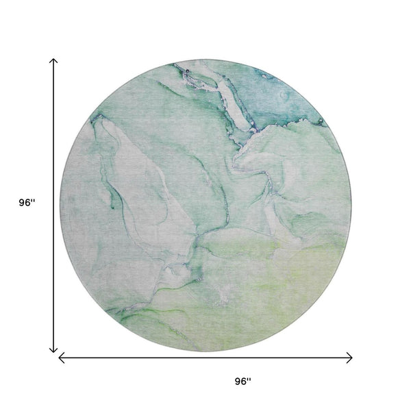 HomeRoots 8' Washable Round Rug in Green, Blue & Ivory - Stylish, Durable, UV-Protected for High-Traffic Areas 647173