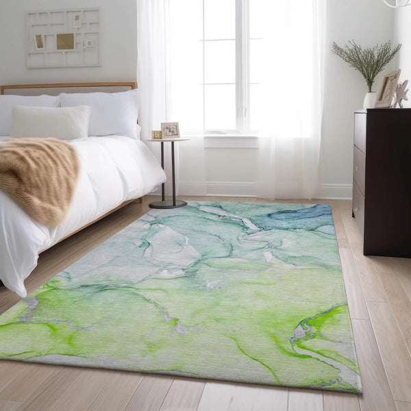 HomeRoots 8' X 10' Abstract Washable Area Rug in Green, Blue & Ivory - UV Protected, Stain-Resistant Design 647174