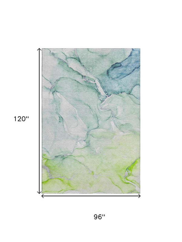 HomeRoots 8' X 10' Abstract Washable Area Rug in Green, Blue & Ivory - UV Protected, Stain-Resistant Design 647174