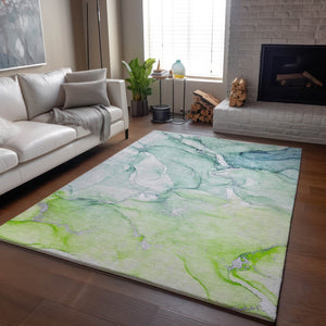 HomeRoots 8' X 10' Abstract Washable Area Rug in Green, Blue & Ivory - UV Protected, Stain-Resistant Design 647174