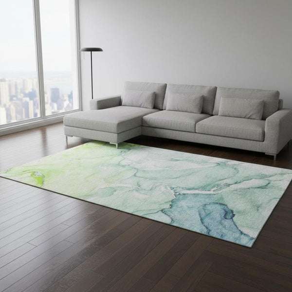 HomeRoots 8' X 10' Abstract Washable Area Rug in Green, Blue & Ivory - UV Protected, Stain-Resistant Design 647174