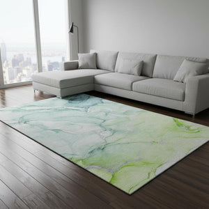 HomeRoots 9' X 12' Abstract Area Rug in Green, Blue & Ivory - Washable, UV Protected & Stain Resistant Design 647175