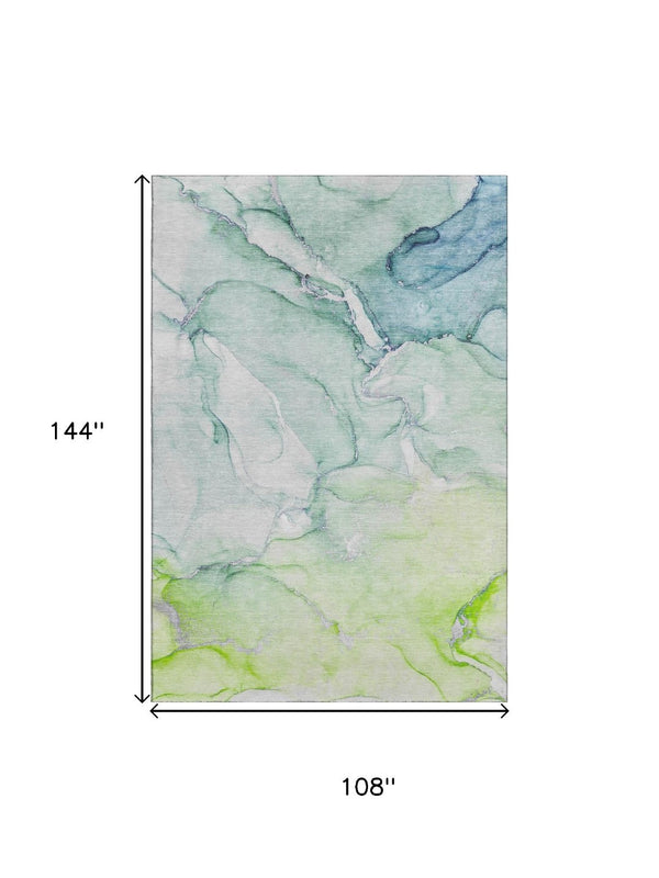 HomeRoots 9' X 12' Abstract Area Rug in Green, Blue & Ivory - Washable, UV Protected & Stain Resistant Design 647175