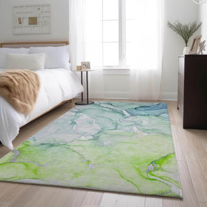 HomeRoots 10' Abstract Washable Area Rug in Green, Blue & Ivory - UV Protected, Durable, Machine-Washable Design 647176