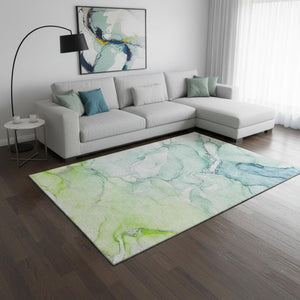 HomeRoots 10' Abstract Washable Area Rug in Green, Blue & Ivory - UV Protected, Durable, Machine-Washable Design 647176