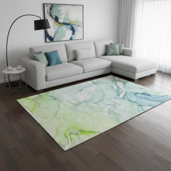 HomeRoots 10' Abstract Washable Area Rug in Green, Blue & Ivory - UV Protected, Durable, Machine-Washable Design 647176