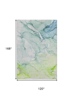 HomeRoots 10' Abstract Washable Area Rug in Green, Blue & Ivory - UV Protected, Durable, Machine-Washable Design 647176