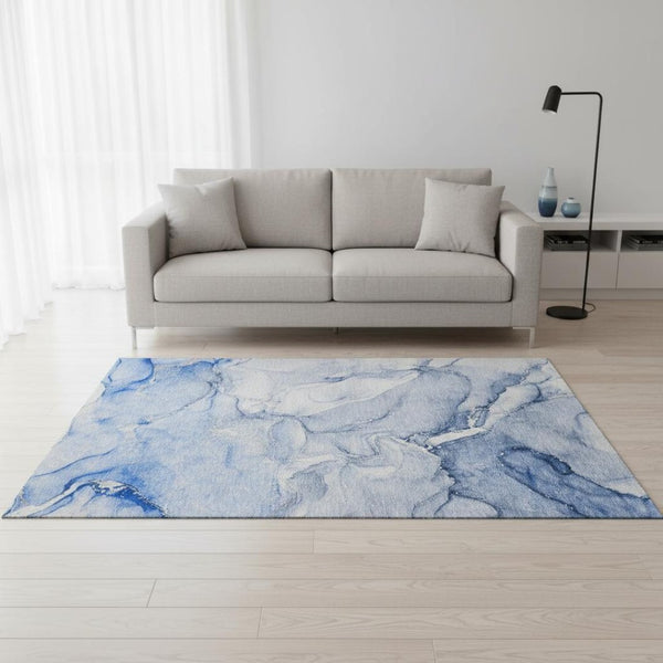 HomeRoots 5' Navy Blue & Ivory Abstract Area Rug - Washable, UV Protected, Durable for Homes with Kids & Pets 647178