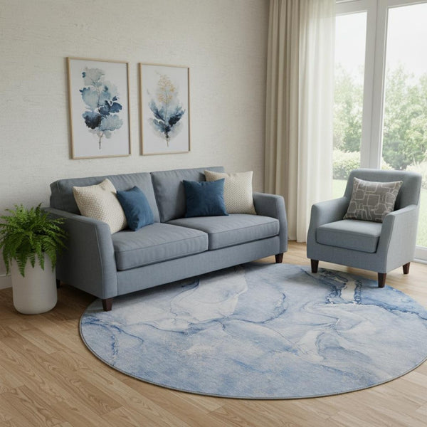 HomeRoots 8' Navy Blue and Ivory Abstract Round Rug - Washable, UV-Protected, Durable for Busy Homes 647179
