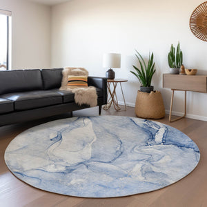 HomeRoots 8' Navy Blue and Ivory Abstract Round Rug - Washable, UV-Protected, Durable for Busy Homes 647179